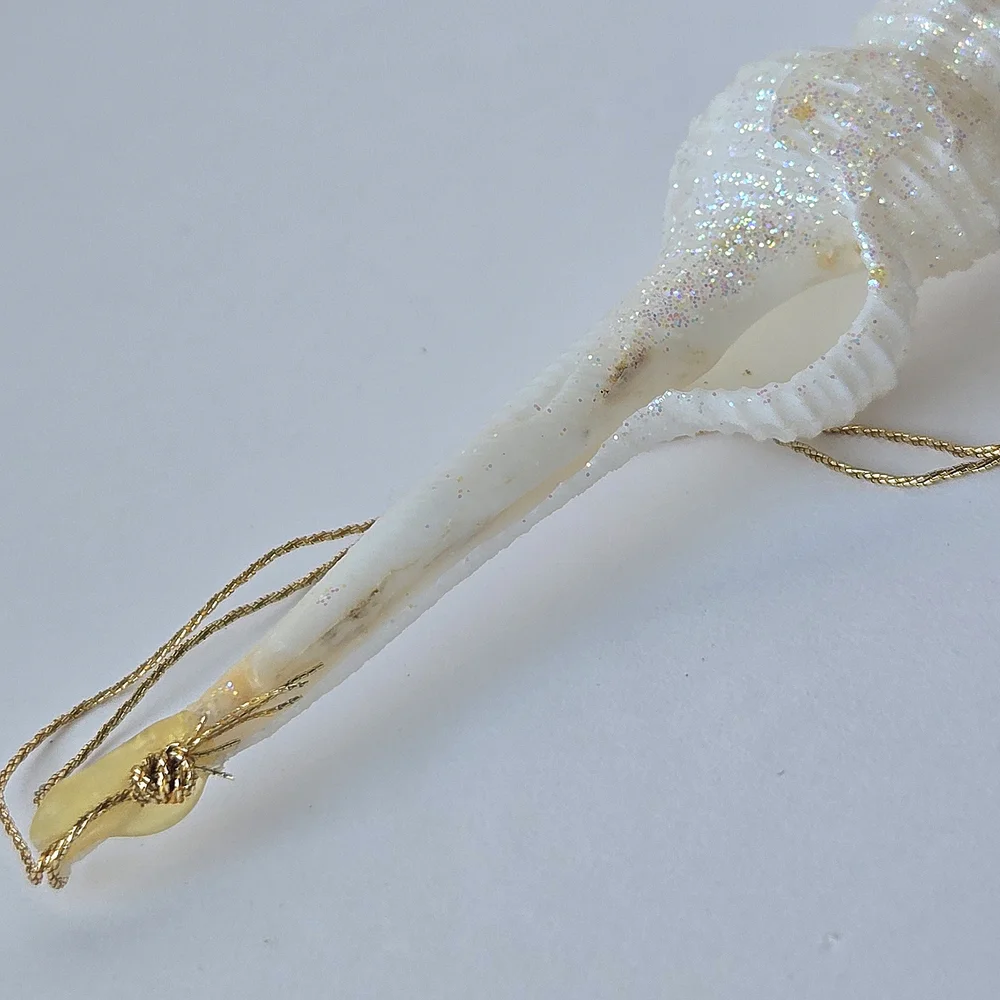 VTG 90s Shimmering Spindle Seashell Ornament White Iridescent Glitter Coastal